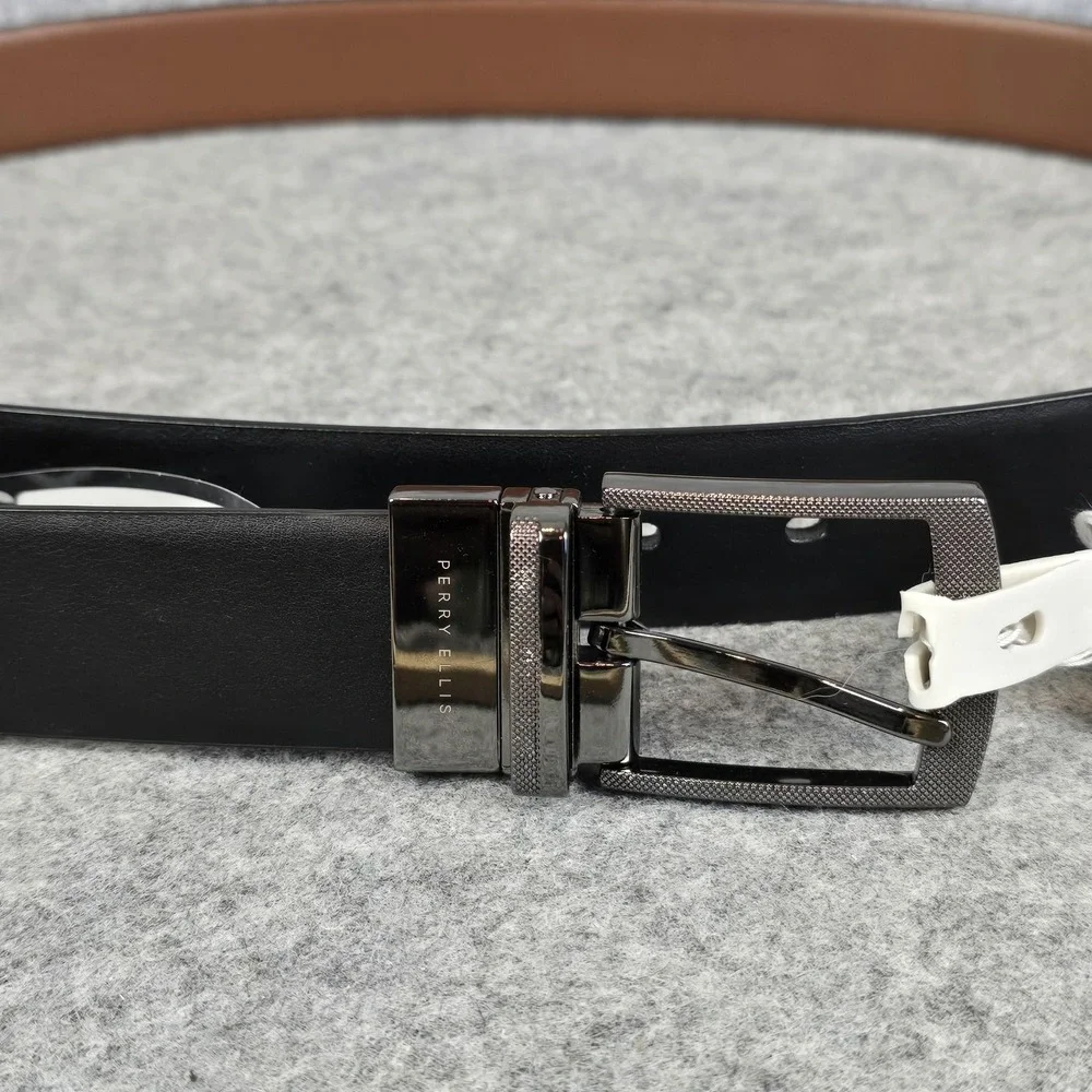 Perry Ellis Belt Mens 44 Black Brown Reversible Faux Leather Dress Buckle